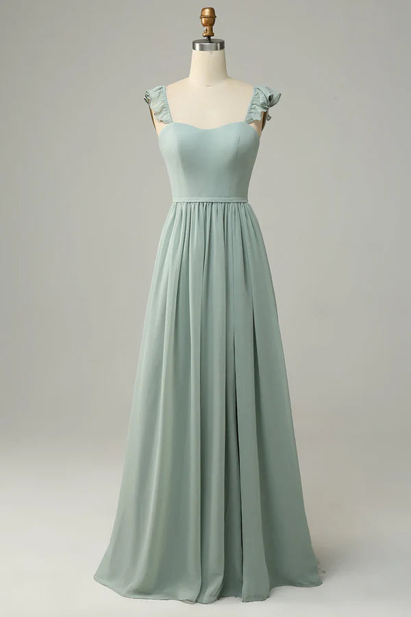 Luolandi A Line Grey Sage Lotus Edge Bridesmaid Dress Floor Length